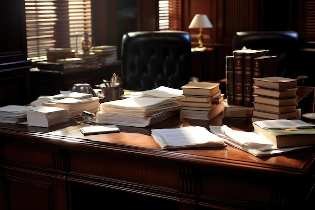 Un bureau d'avocats avec un groupe de livres de droit et de piles de papier