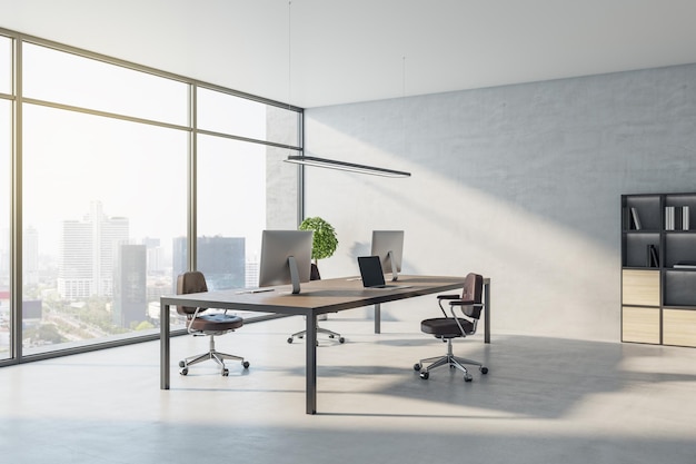 Bureau en béton contemporain avec mobilier et fenêtre avec vue sur la ville lumière du jour rendu 3D