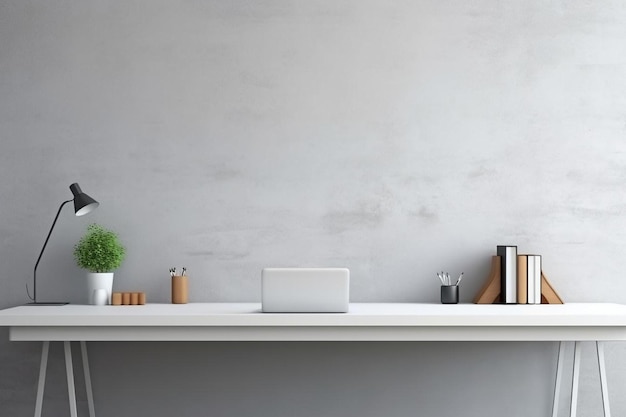 un bureau blanc avec une boîte blanche dessus et une plante verte sur le dessus.