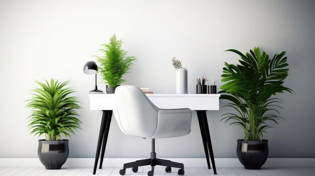 Un bureau blanc avec une chaise blanche et une chaise blanche.