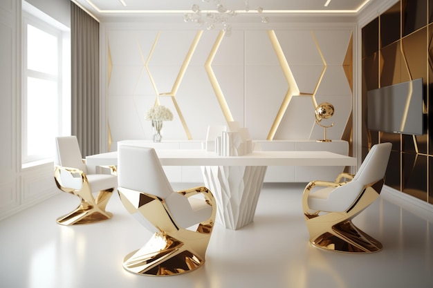 Un bureau blanc exclusif avec des accents dorés et une table blanche avec des chaises et une table dorée