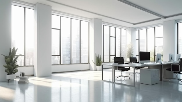 Un bureau blanc avec une grande fenêtre qui dit 'office' dessus