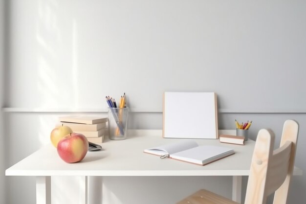 Un bureau blanc avec un livre, un livre et une tasse de crayons dessus.