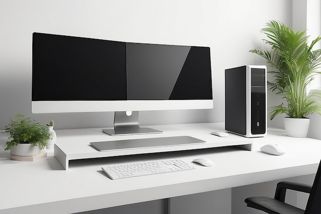 un bureau blanc avec un moniteur noir et argenté et une boîte blanche dessus