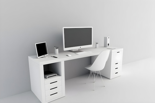 Un bureau blanc avec un moniteur et un ordinateur portable dessus.