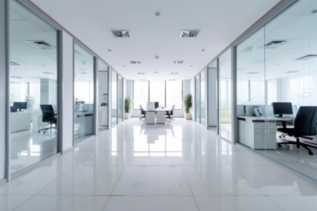 Un bureau blanc avec un mur de verre et un sol blanc.