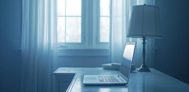 Photo un bureau blanc avec un ordinateur portable sur le dessus