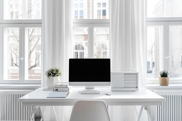Un bureau blanc avec un ordinateur portable devant une fenêtre