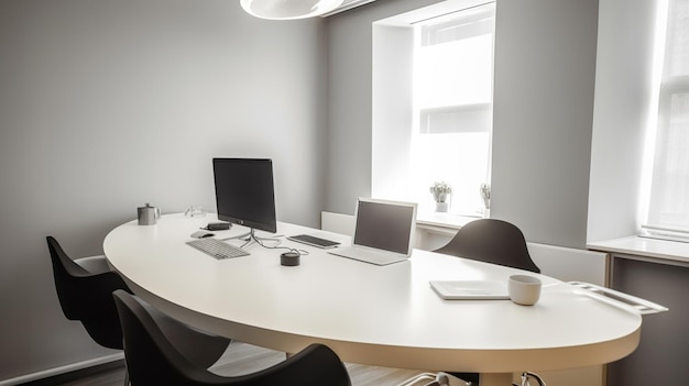 Un bureau blanc avec un ordinateur portable et un moniteur dessus