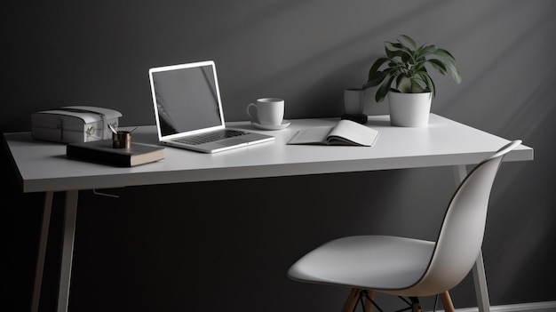 Un bureau blanc avec un ordinateur portable et une plante dessus
