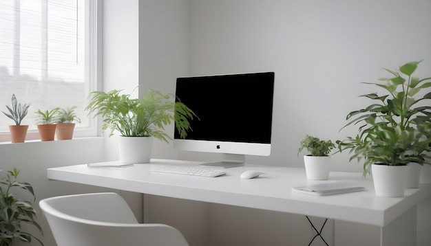 Avec un bureau blanc, une plante verte et beaucoup de lumière naturelle, c'est un bureau à domicile minimaliste.