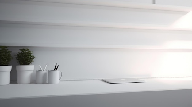 Un bureau blanc avec une table blanche qui a une table blanche sur laquelle se trouve un ordinateur portable.