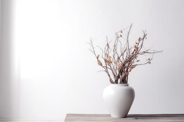 Bureau blanc avec un vase minimal avec une branche séchée décorative générée par l'IA