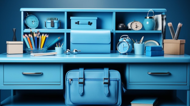 Un bureau bleu avec une boîte bleue et une trousse à crayons avec une boîte bleue