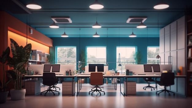 Un bureau bleu avec un mur vert et une rangée de bureaux avec des ordinateurs.