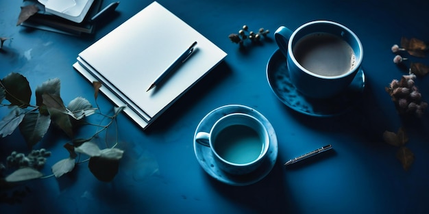 Bureau bleu avec tasse à café et carnet sur le dessus