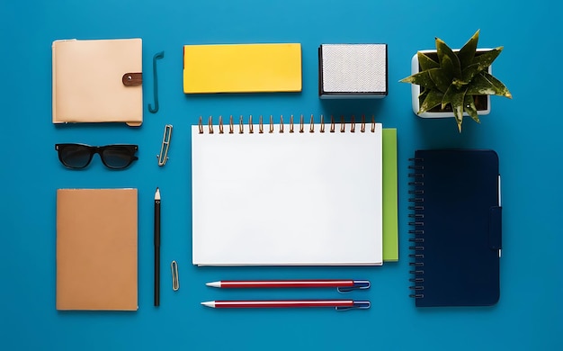 un bureau avec un bloc-notes une boîte de fleurs et une petite boite de stylos