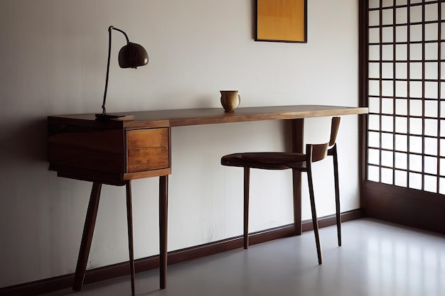 Un bureau en bois avec une chaise et une lampe dessus.