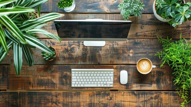 Bureau en bois avec clavier d'ordinateur Café et plantes