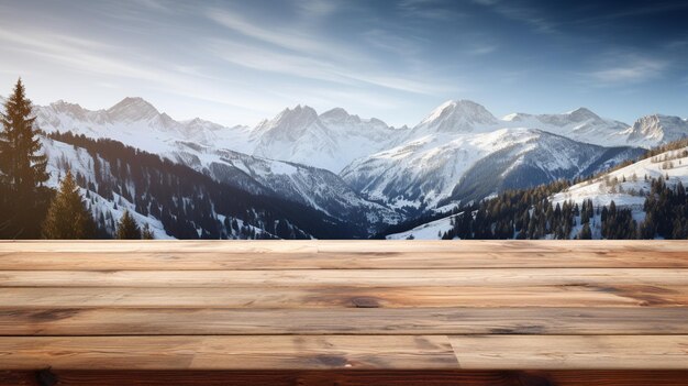 bureau en bois et espace vide de paysage de montagne avec de la neige. fond de vacances d'hiver.