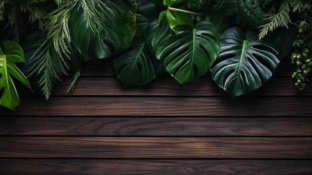 Bureau en bois avec des feuilles sur fond sombre