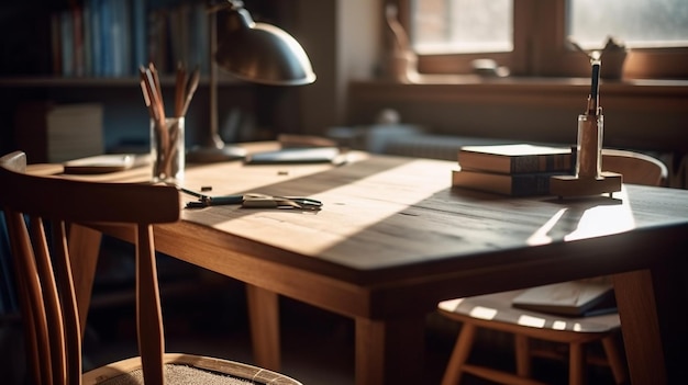 Un bureau en bois avec une lampe et des livres dessus