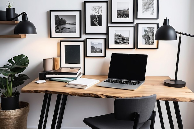 Bureau en bois avec ordinateur portable et cadre