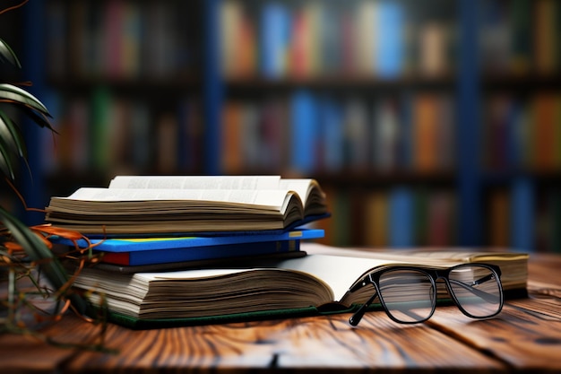 Bureau en bois orné de livres empilés et d'une paire de lunettes