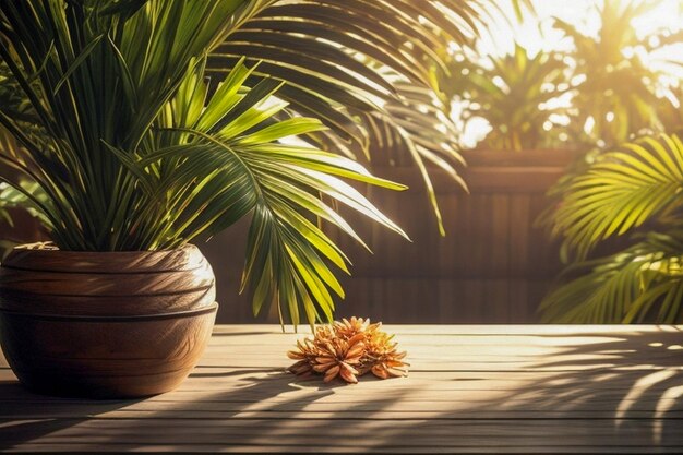 Photo un bureau en bois propre avec de petits palmiers un palmier à l'intérieur réflexion du soleil sur la table