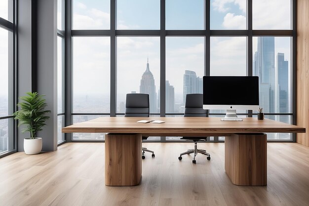 Bureau en bois vide avec un espace vide dans une salle de réunion moderne avec un grand fond de fenêtre