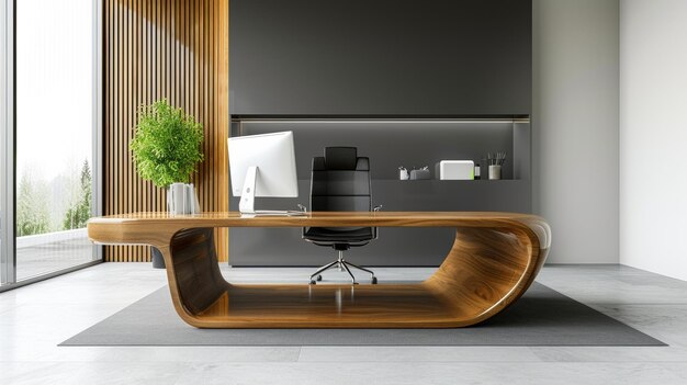 Un bureau de bureau élégant et minimaliste avec une finition en bois poli symbolisant le professionnalisme