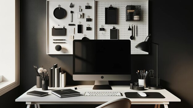 bureau de bureau moderne et élégant maquette d'ordinateur sur une table élégante contre un mur noir