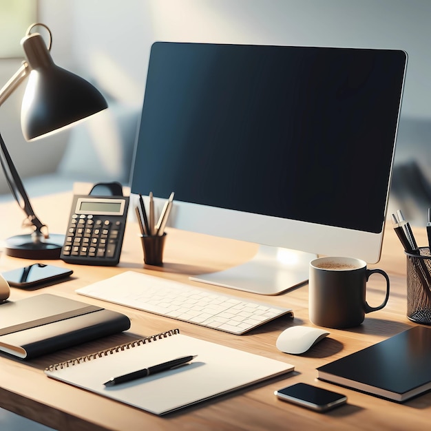 Photo un bureau avec un bureau, un moniteur, des stylos, des cahiers, des crayons et un stylet