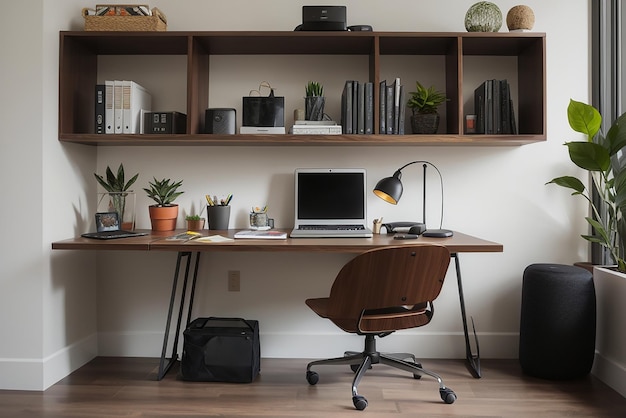 bureau de bureau avec ordinateur portable et chaise à côté de l'étagère