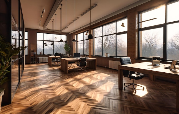 Un bureau avec des bureaux et des fenêtres en parquet