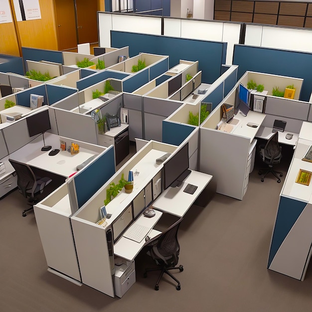 Un bureau avec des cabines, chacune décorée de manière personnalisée pour refléter les styles individuels générés par l'IA
