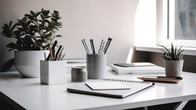 Un bureau avec un cahier, des stylos et un cahier dessus.