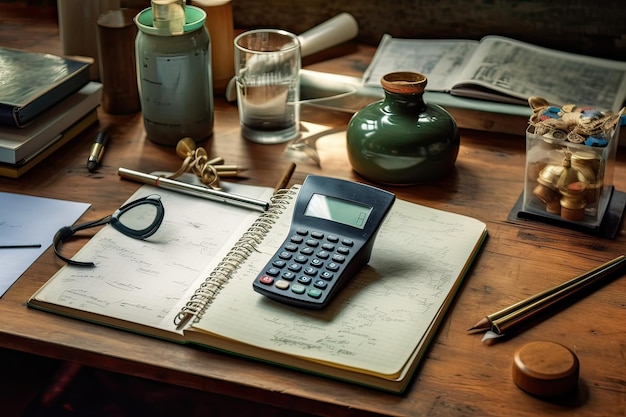 Un bureau avec une calculatrice et un verre d'eau dessus