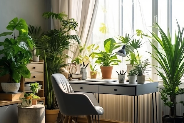 Un bureau avec une chaise blanche et une chaise grise avec un coussin blanc et une chaise blanche qui dit succulentes dessus.