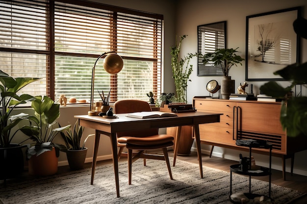 Un bureau avec une chaise en bois et un bureau avec une lampe dessus.