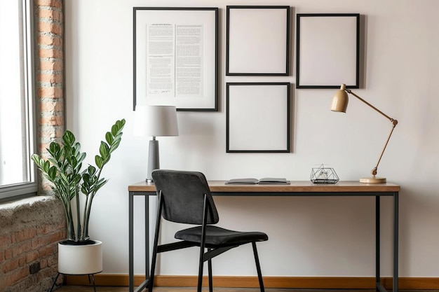 un bureau avec une chaise et une lampe