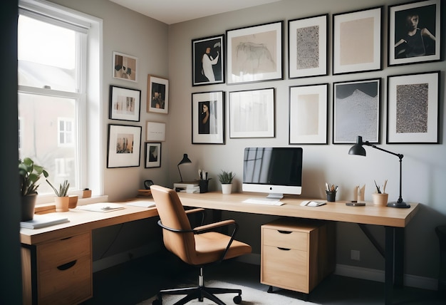 un bureau avec une chaise qui a une photo dessus