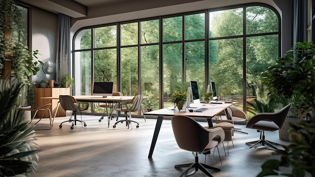 Un bureau avec des chaises aux fenêtres et des meubles en bois