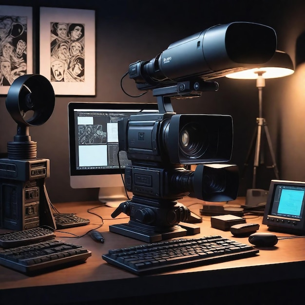 Photo un bureau avec un clavier de moniteur et un moniteur avec une lampe dessus