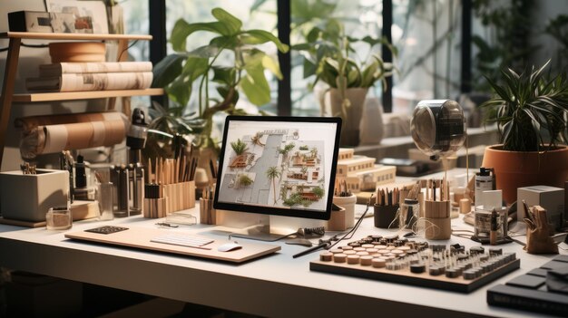 Un bureau avec un clavier d'ordinateur et d'autres objets