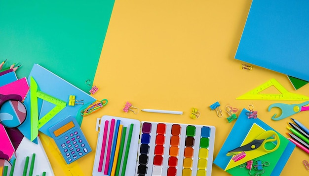 Un bureau coloré avec une trousse à crayons, une calculatrice et d'autres objets dessus.