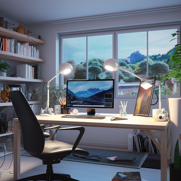 Bureau confortable avec vue sur les montagnes