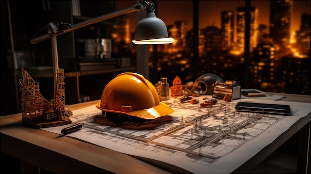 Un bureau de construction avec un casque et une lampe en arrière-plan