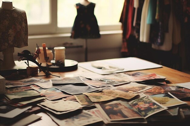 Photo le bureau des créateurs de mode avec des échantillons de tissu de couture.