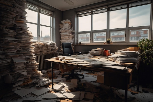 Un bureau dans un bureau avec une pile de papiers dessus.